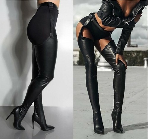 woman in black leather thigh high boots
